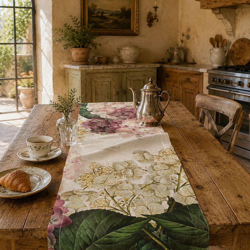 LUXURY-LINEN--TABLE-RUNNER-HYDRANGEA-2--LA-BOTTEGA-DI-CASA Runner in lino Ortensia su tavolo rustico in cucina di campagna francese con teiera in argento, croissant e piccolo mazzo di erbe aromatiche