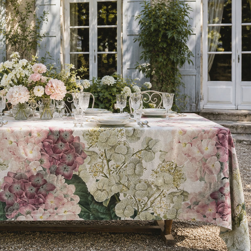 LUXURY-LINEN-TABLECLOTH-HYDRANGEA---LA-BOTTEGA-DI-CASA Tovaglia in lino Ortensia su tavolo all'aperto in giardino francese con persiane azzurre, bouquet di rose rosa e cristalli