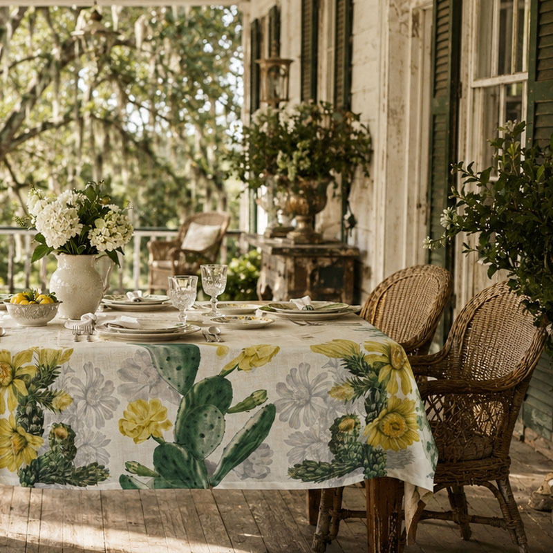 luxury-linen-tableclloth-nopal4-la-bottega-di-casa Tovaglia in lino Nopal su tavolo su veranda americana con sedie in vinci, brocca bianca con ortensie e limoni, cristalli e piatti bianchi
