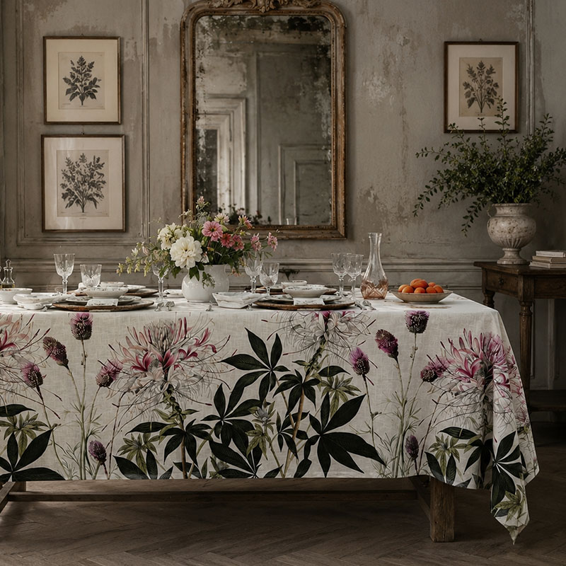 luxury-linen-tablecloth-Cleome4-la-bottega-di-casa Tovaglia Cleome su tavolo apparecchiato in interno francese con pareti in intonaco antico, specchio dorato e stampe botaniche, centrotavola con dalie bianche e rose rosa
