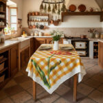 tovaglia di lino a scacchi gialli con un fiore rosso