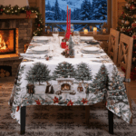 tovaglia con scene di un antico villaggio natalizio