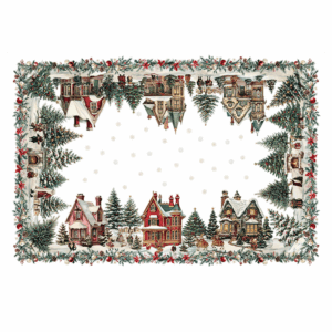 tovaglia con scene di un antico villaggio natalizio