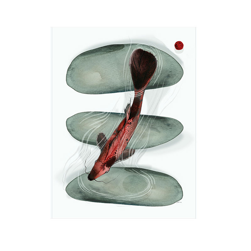 strofinaccio-carpe-2-la-bottega-di-casa Strofinaccio in lino e cotone con illustrazione ink wash di una carpa koi rossa che nuota tra tre grandi ciottoli grigi su fondo bianco avorio. Sigillo rosso in alto a destra.
