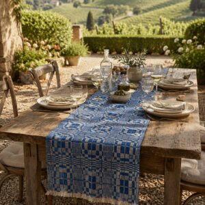 Runner da tavola Optical blu in canapa e cotone su tavolo in legno apparecchiato tra i vigneti italiani