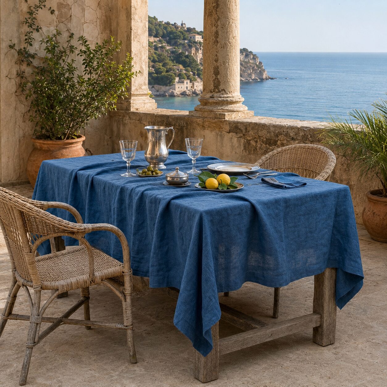 luxury-cobalto3-vintage-linen-bespoke-tablecloth-la-Bottega-di-Casa Tovaglia in lino blu cobalto Vintage apparecchiata su una terrazza in pietra tra colonne, con brocca d'argento, bicchieri di cristallo, olive e limoni, vista mare sullo sfondo